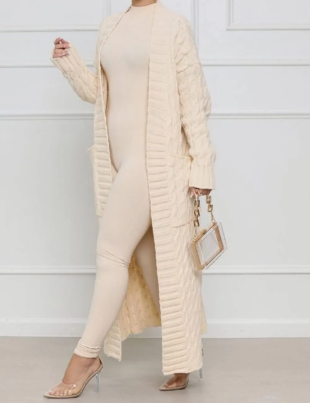 Womens Stylish Cable Knit Dual Chunky Cardigan with Pockets