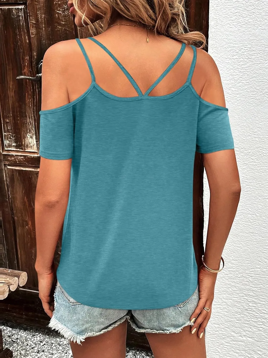 Womens Summer Cold Shoulder Tops Low Back Short Sleeve V Neck T Shirts Sexy Casual
