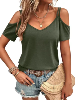 Womens Summer Cold Shoulder Tops Low Back Short Sleeve V Neck T Shirts Sexy Casual