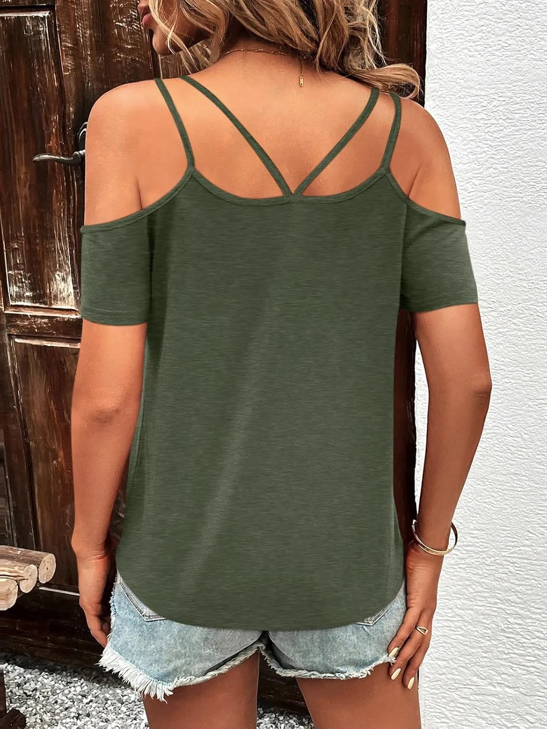 Womens Summer Cold Shoulder Tops Low Back Short Sleeve V Neck T Shirts Sexy Casual