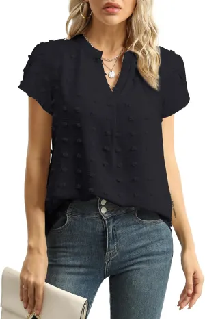 Womens Summer Tops Casual V Neck T Shirts Petal Short Sleeve Blouses Dressy Loose Fit Tunic