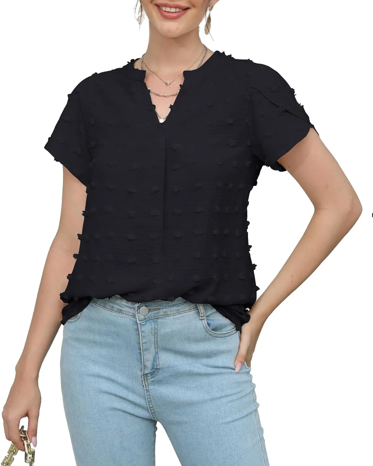 Womens Summer Tops Casual V Neck T Shirts Petal Short Sleeve Blouses Dressy Loose Fit Tunic