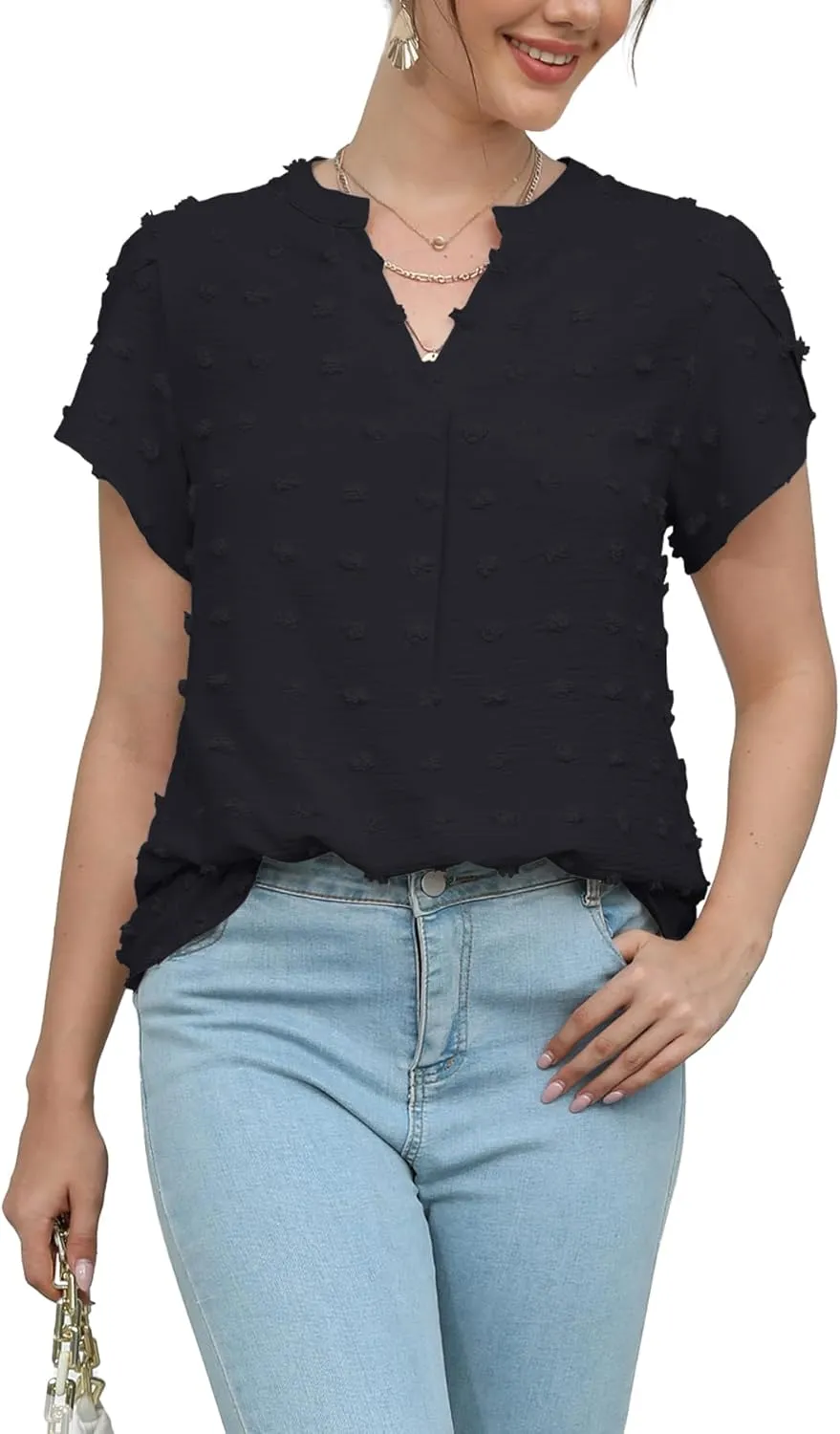 Womens Summer Tops Casual V Neck T Shirts Petal Short Sleeve Blouses Dressy Loose Fit Tunic