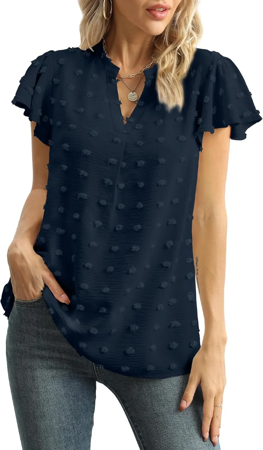 Womens Summer Tops Casual V Neck T Shirts Ruffle Short Sleeve Blouses Dressy Loose Fit Tunic