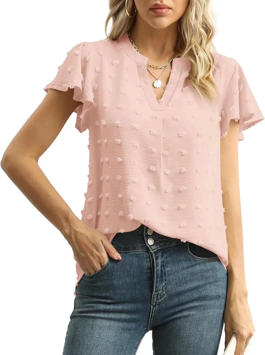 Womens Summer Tops Casual V Neck T Shirts Ruffle Short Sleeve Blouses Dressy Loose Fit Tunic