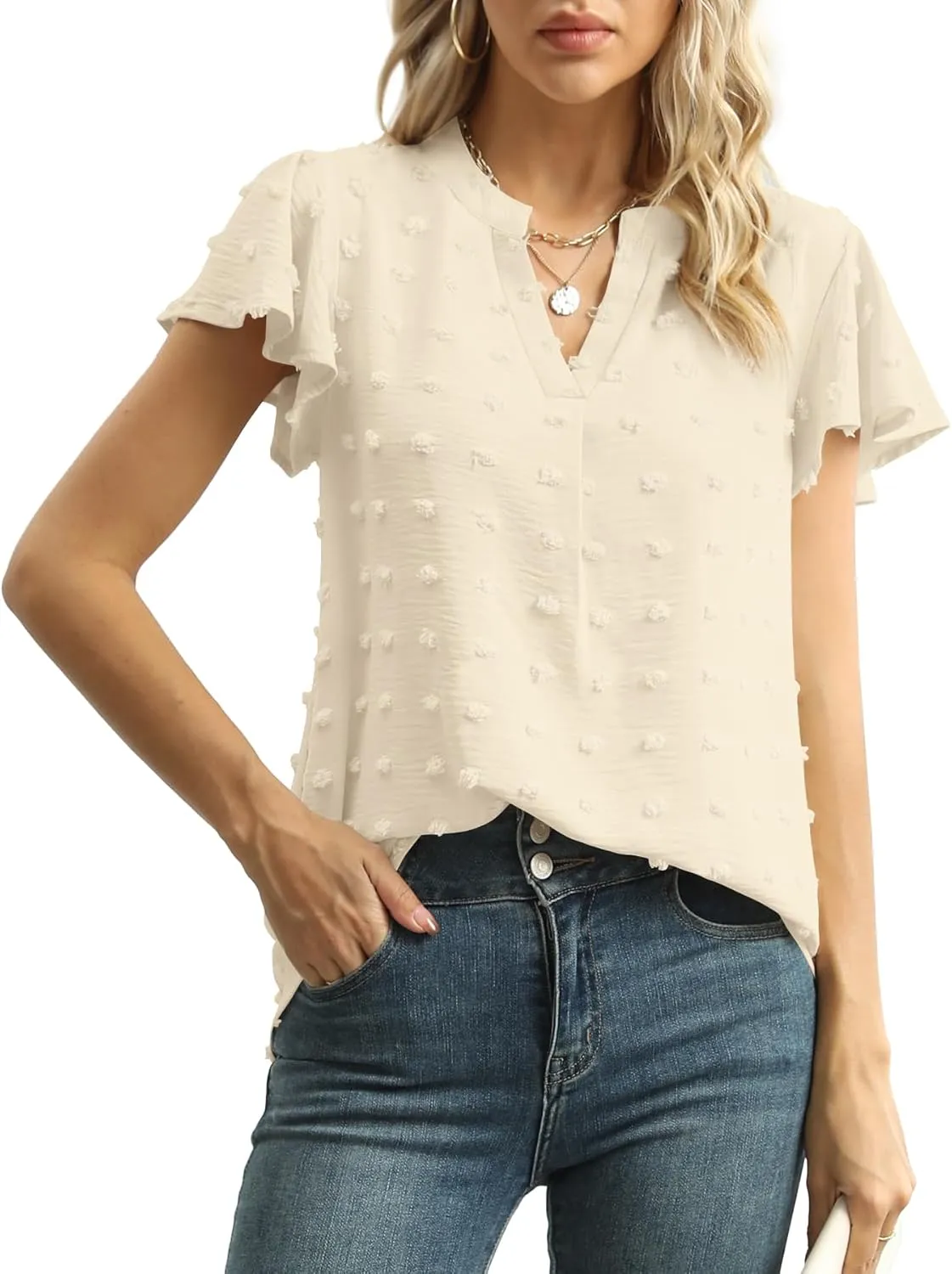 Womens Summer Tops Casual V Neck T Shirts Ruffle Short Sleeve Blouses Dressy Loose Fit Tunic