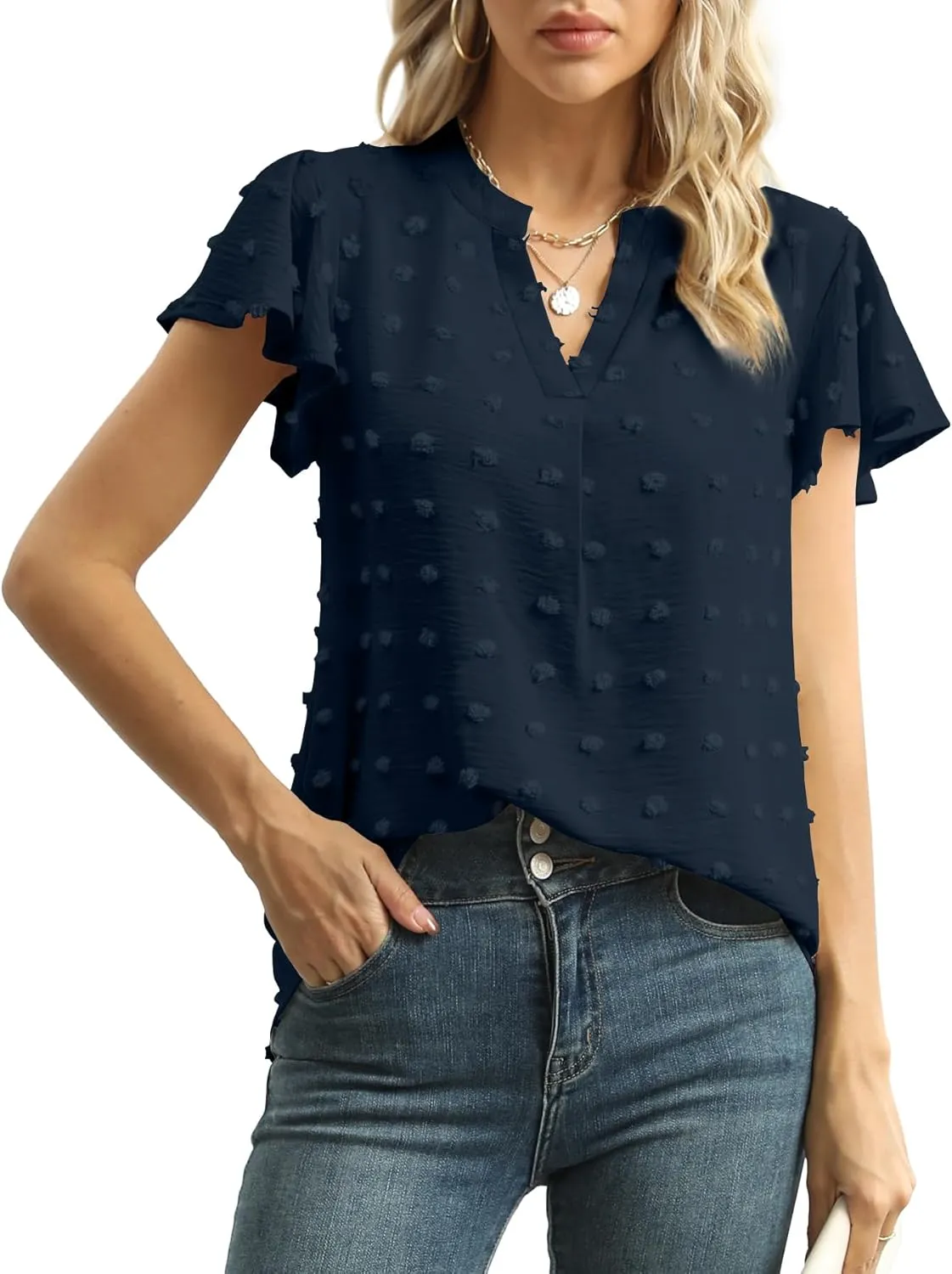 Womens Summer Tops Casual V Neck T Shirts Ruffle Short Sleeve Blouses Dressy Loose Fit Tunic