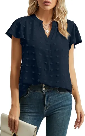 Womens Summer Tops Casual V Neck T Shirts Ruffle Short Sleeve Blouses Dressy Loose Fit Tunic