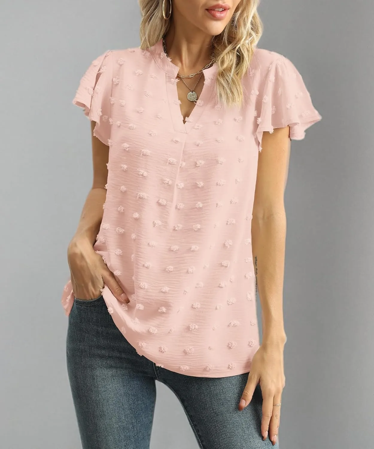 Womens Summer Tops Casual V Neck T Shirts Ruffle Short Sleeve Blouses Dressy Loose Fit Tunic