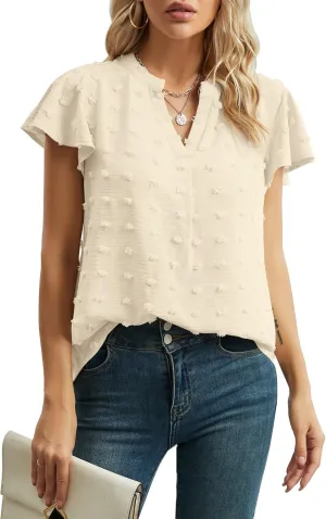 Womens Summer Tops Casual V Neck T Shirts Ruffle Short Sleeve Blouses Dressy Loose Fit Tunic