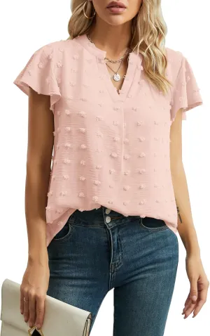 Womens Summer Tops Casual V Neck T Shirts Ruffle Short Sleeve Blouses Dressy Loose Fit Tunic