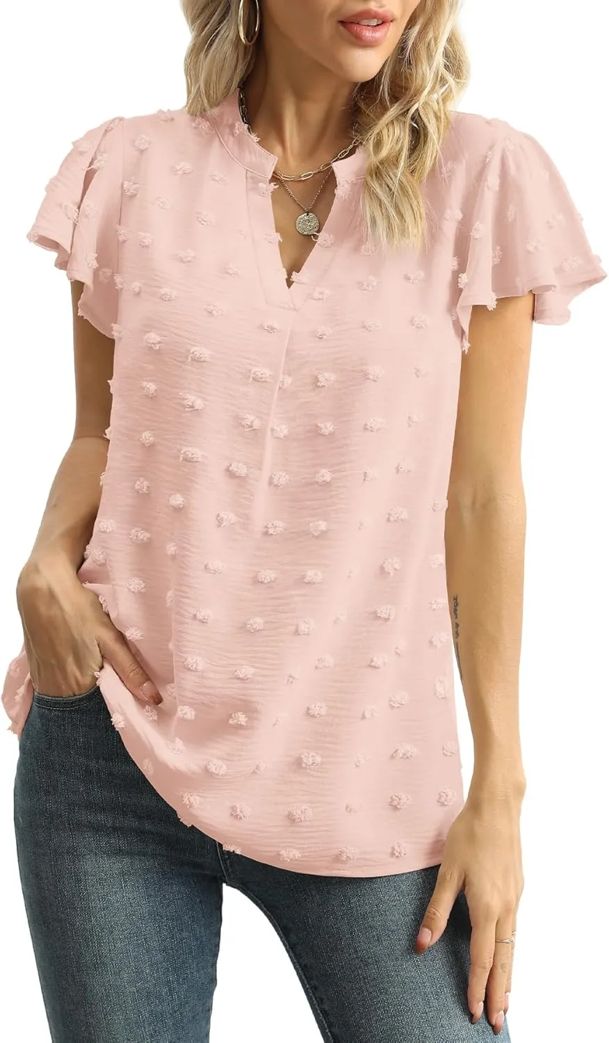 Womens Summer Tops Casual V Neck T Shirts Ruffle Short Sleeve Blouses Dressy Loose Fit Tunic