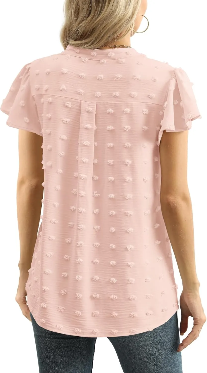Womens Summer Tops Casual V Neck T Shirts Ruffle Short Sleeve Blouses Dressy Loose Fit Tunic