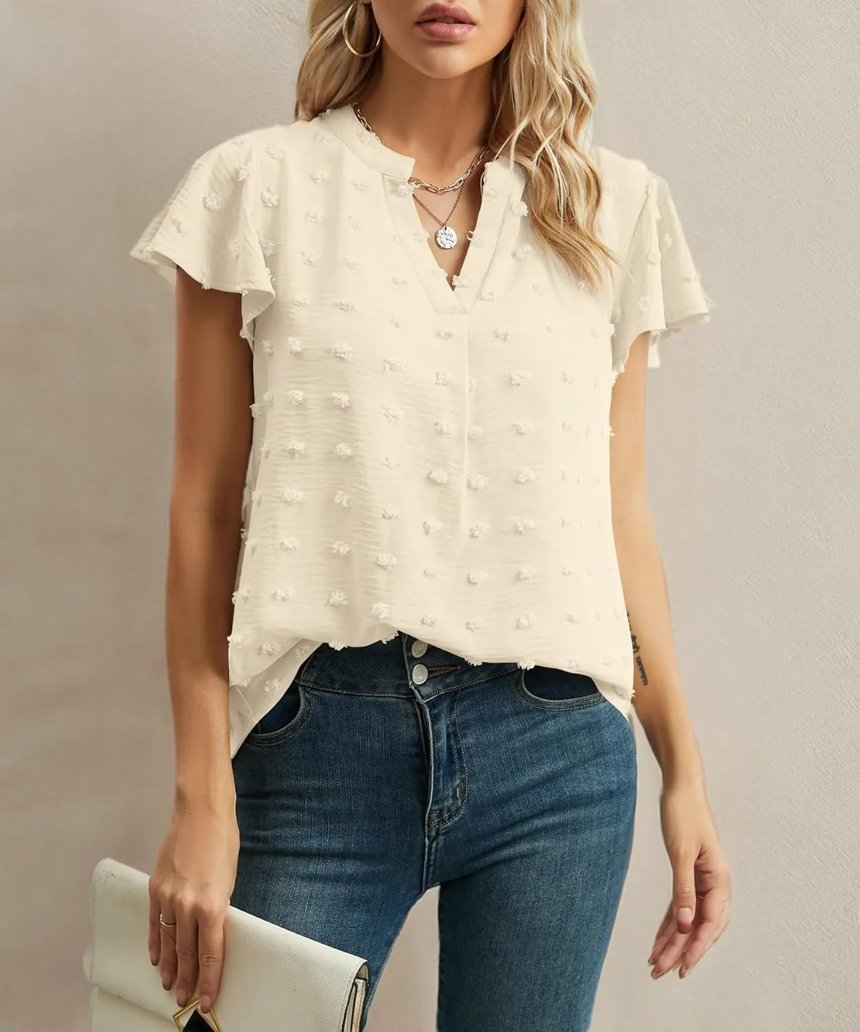 Womens Summer Tops Casual V Neck T Shirts Ruffle Short Sleeve Blouses Dressy Loose Fit Tunic