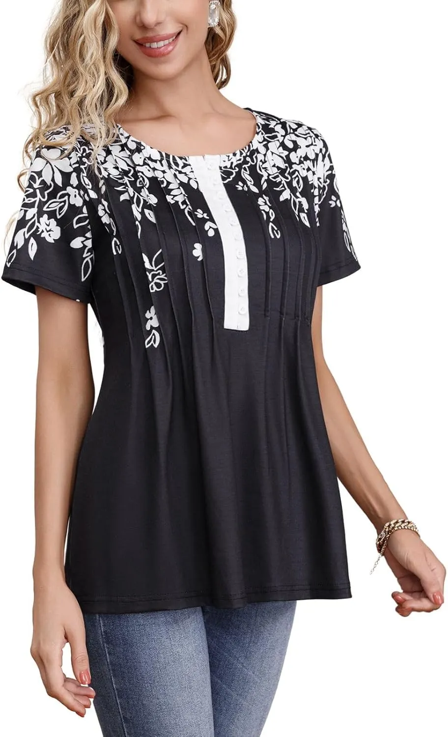 Womens Summer Tops Dressy Casual Short Sleeve Button V Neck T Shirts Trendy Boho Floral Tunic Blouses Cute Flowy Tees