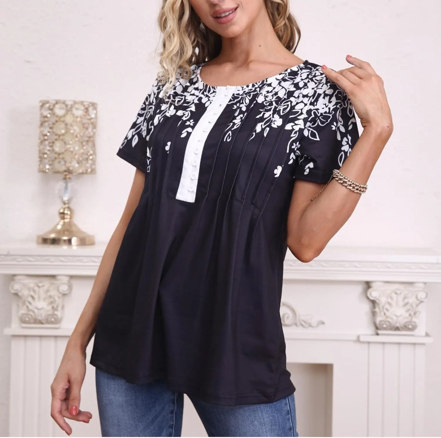 Womens Summer Tops Dressy Casual Short Sleeve Button V Neck T Shirts Trendy Boho Floral Tunic Blouses Cute Flowy Tees