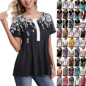 Womens Summer Tops Dressy Casual Short Sleeve Button V Neck T Shirts Trendy Boho Floral Tunic Blouses Cute Flowy Tees