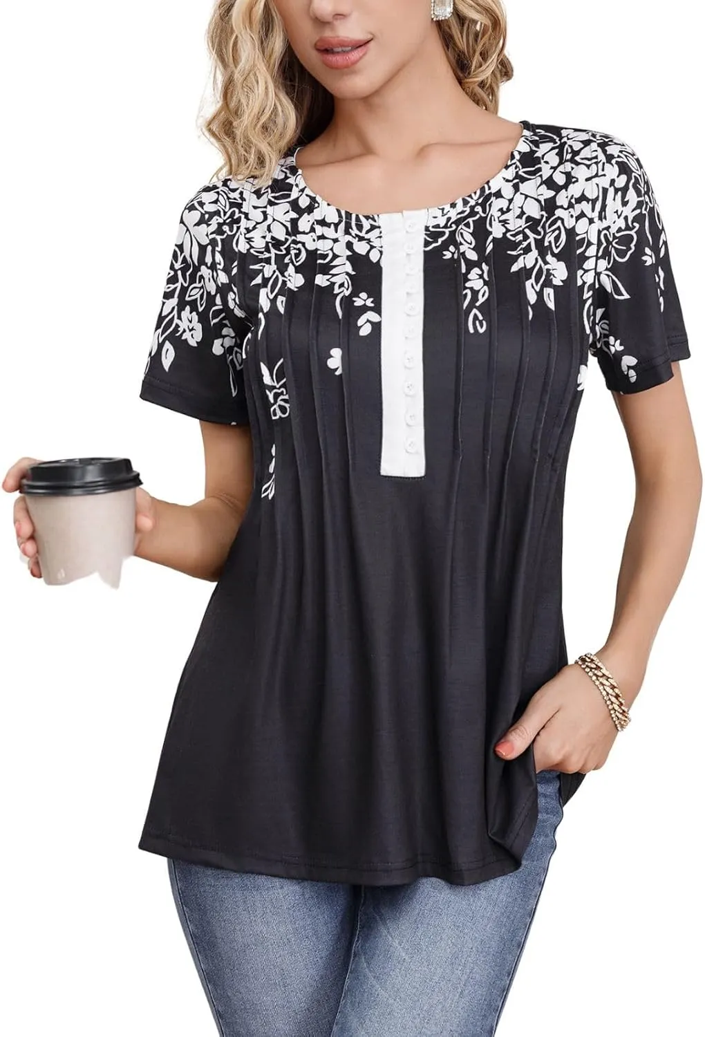 Womens Summer Tops Dressy Casual Short Sleeve Button V Neck T Shirts Trendy Boho Floral Tunic Blouses Cute Flowy Tees