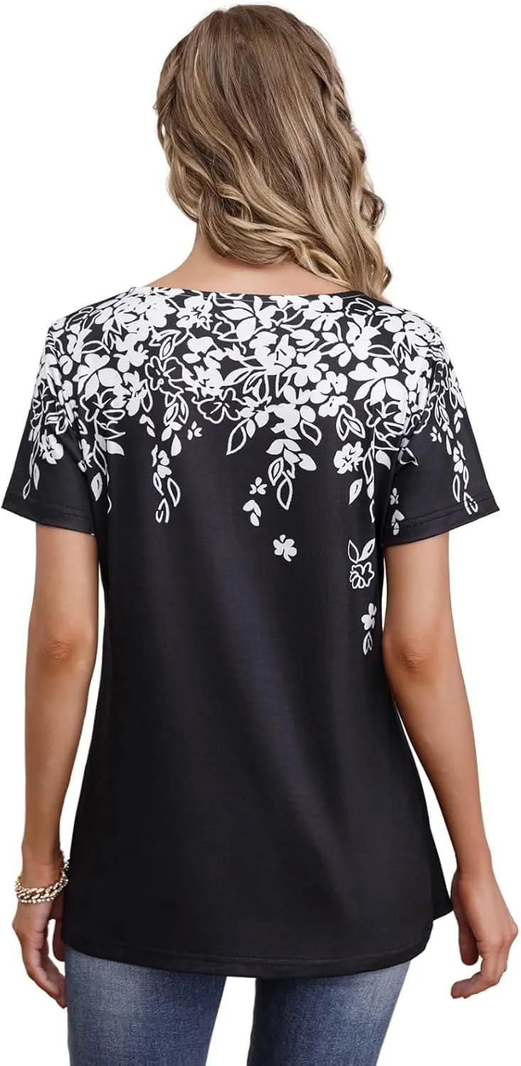 Womens Summer Tops Dressy Casual Short Sleeve Button V Neck T Shirts Trendy Boho Floral Tunic Blouses Cute Flowy Tees