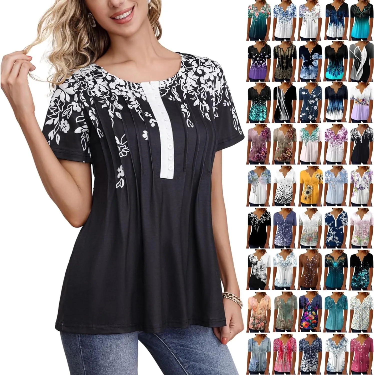 Womens Summer Tops Dressy Casual Short Sleeve Button V Neck T Shirts Trendy Boho Floral Tunic Blouses Cute Flowy Tees