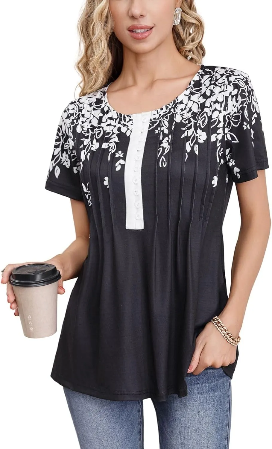 Womens Summer Tops Dressy Casual Short Sleeve Button V Neck T Shirts Trendy Boho Floral Tunic Blouses Cute Flowy Tees