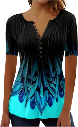 Womens Summer Tops Dressy Casual Short Sleeve Button V Neck T Shirts Trendy Boho Floral Tunic Blouses Cute Flowy Tees
