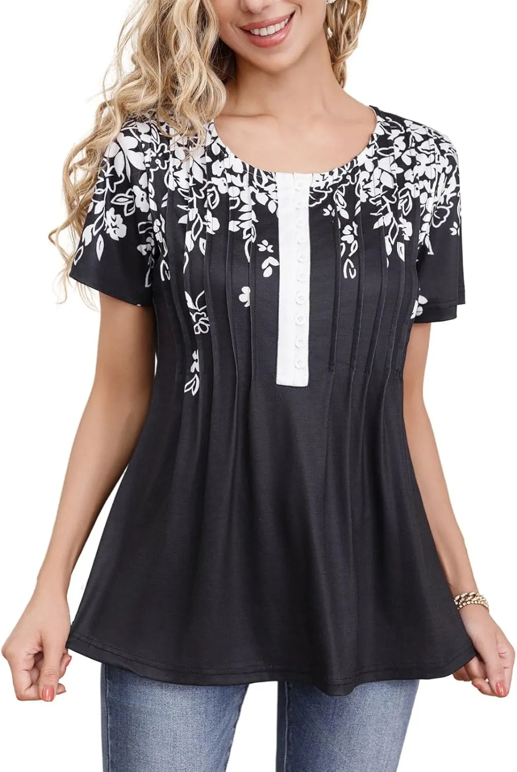 Womens Summer Tops Dressy Casual Short Sleeve Button V Neck T Shirts Trendy Boho Floral Tunic Blouses Cute Flowy Tees