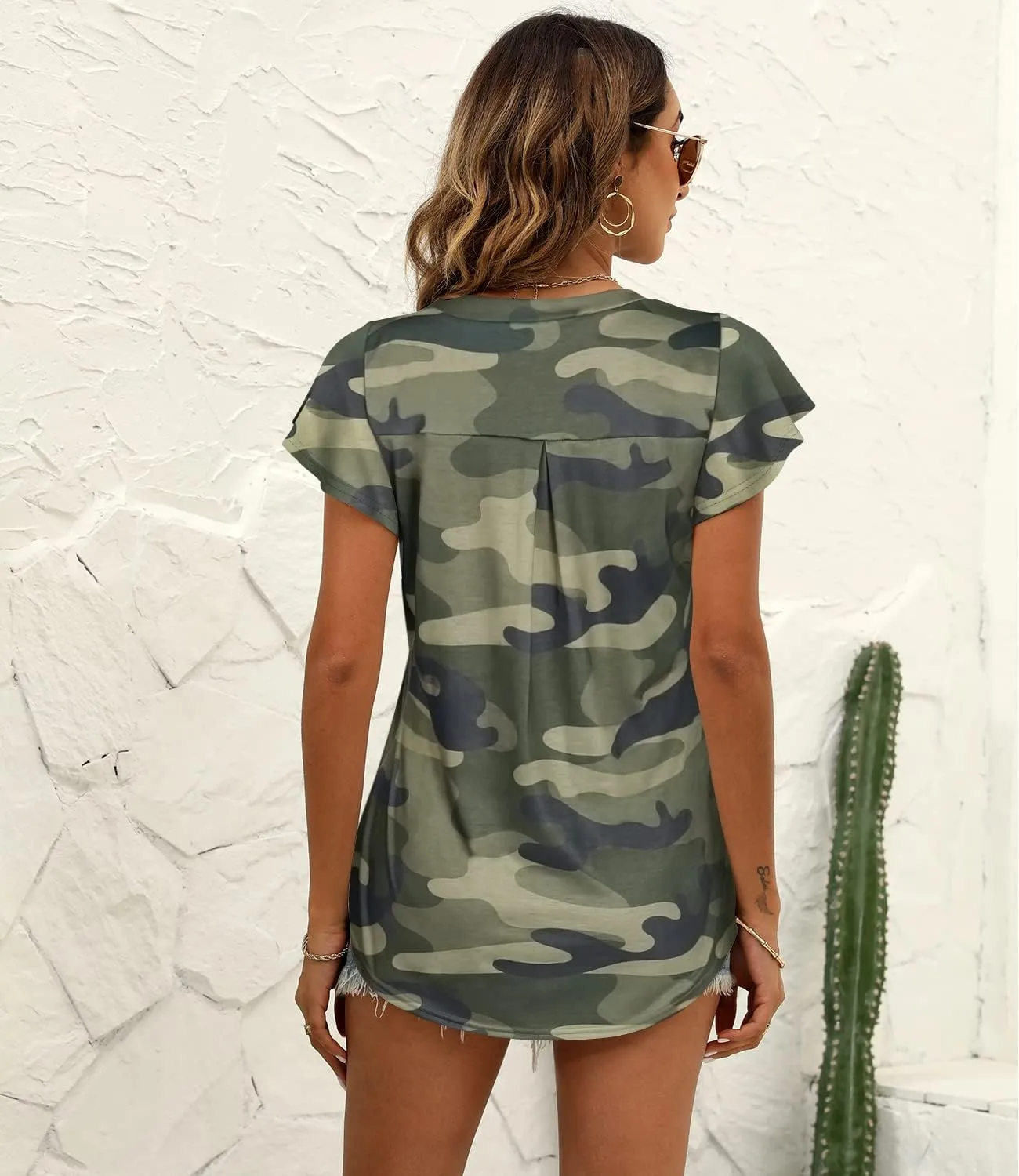 Women's Summer Tops Ruffle Sleeve V Neck Tunic Shirts Business Casual Flowy Blouses for Women