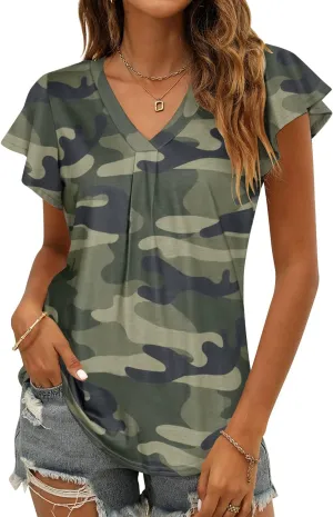 Women's Summer Tops Ruffle Sleeve V Neck Tunic Shirts Business Casual Flowy Blouses for Women