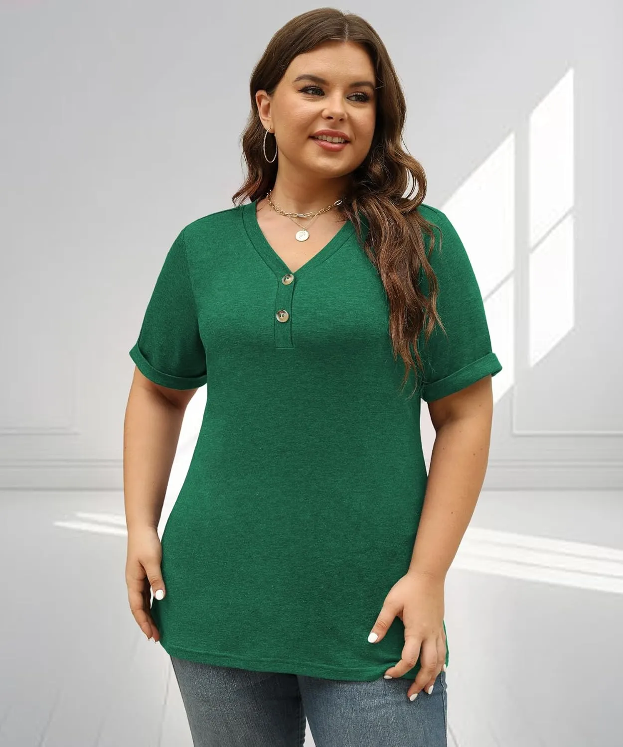 Womens Summer Tops Trendy Button Down V Neck Shirts Short Sleeve Blouses Business Casual Loose Tunics