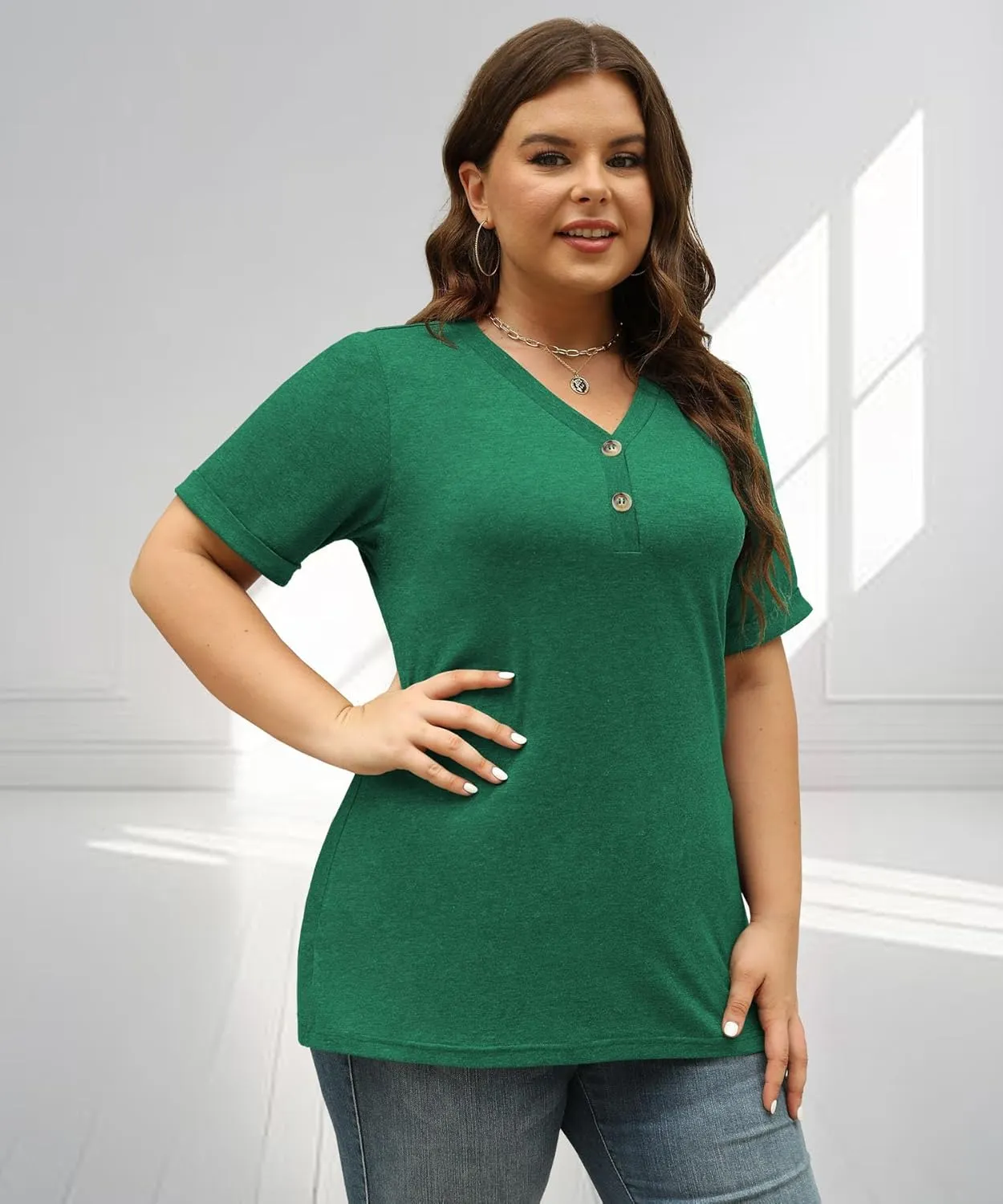 Womens Summer Tops Trendy Button Down V Neck Shirts Short Sleeve Blouses Business Casual Loose Tunics