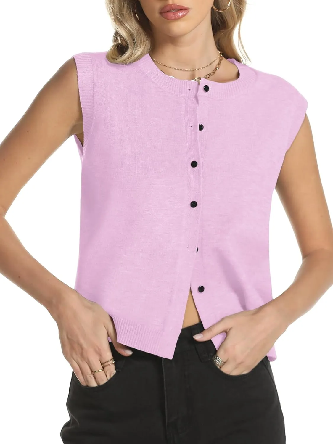 Womens Sweater Vest Summer Crewneck Button Down Tank Tops 2025 Trendy Sleeveless Knit Cardigan Crop Tops