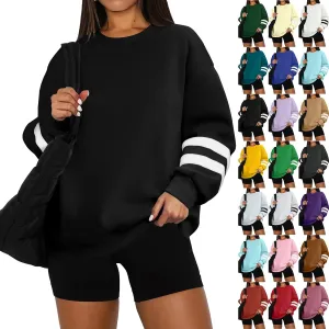 Women's Sweatshirts Loose Casual Trendy Long Sleeve Striped Printed Crew Neck Oversized Sports Sweatshirt Plus Size, S-5XL