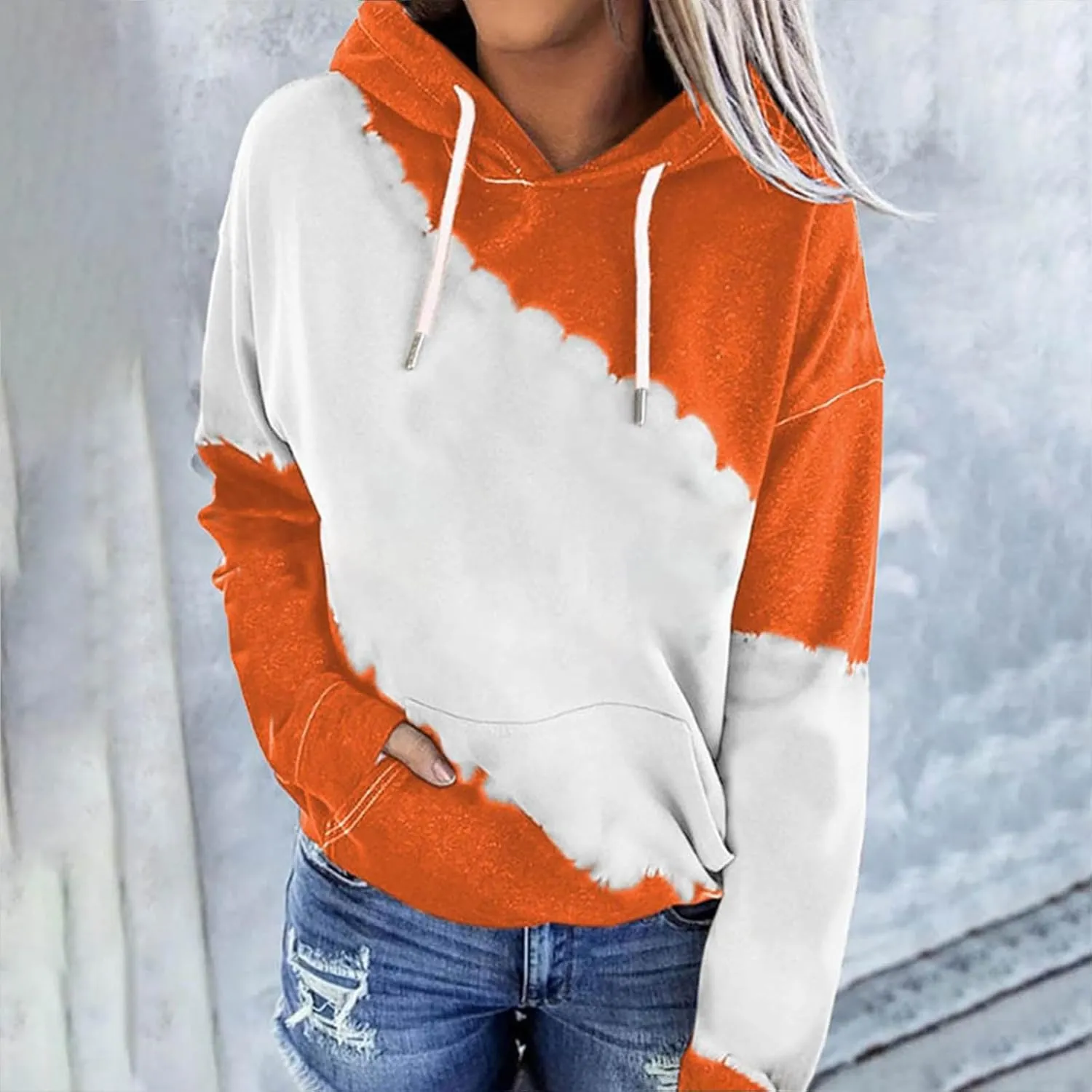 Women's Tie Dye Color Block Hoodies Long Sleeve Drawstring Preppy Pullover Oversized Comfy Casual 2024 Fall Clothes