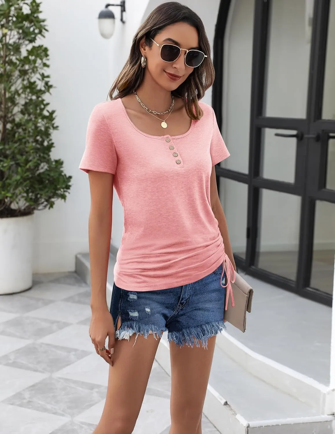 Womens Tops Short Sleeve Summer Henley Shirts Scoop Neck Ruched Blouses Dressy Casual Tunic Tops