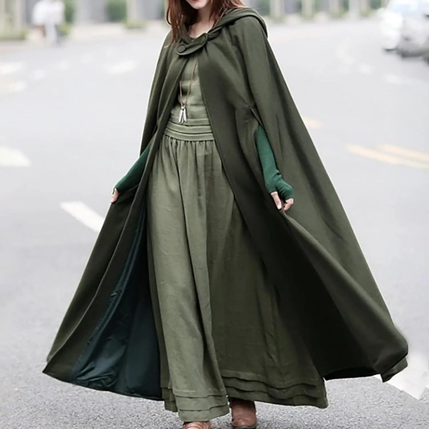Women's Trench Coat Gothic Long Cloak Autumn And Winter Hoodies Robe Wool Blend Hooded Cape Poncho Maxi Cloak Coat