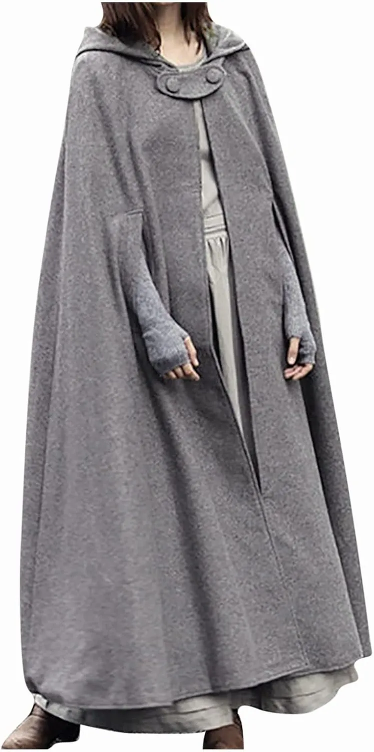 Women's Trench Coat Gothic Long Cloak Autumn And Winter Hoodies Robe Wool Blend Hooded Cape Poncho Maxi Cloak Coat