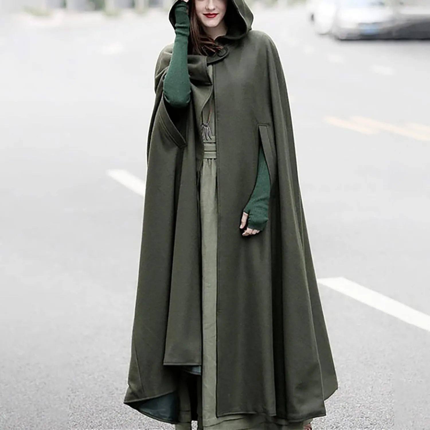 Women's Trench Coat Gothic Long Cloak Autumn And Winter Hoodies Robe Wool Blend Hooded Cape Poncho Maxi Cloak Coat
