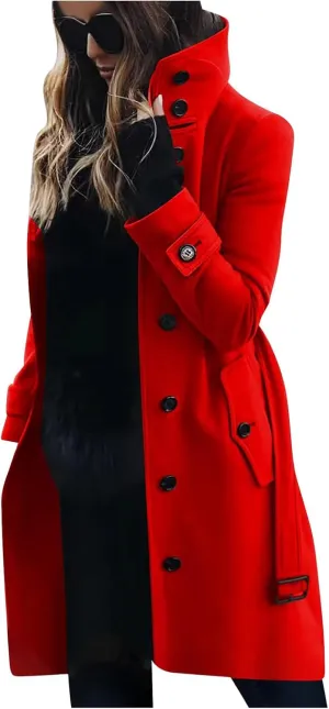 Womens Trench Coat Single Breasted Belted Coats Oversized Thick Warm Outerwear Stand Collar Winter Wool Blend Outwear