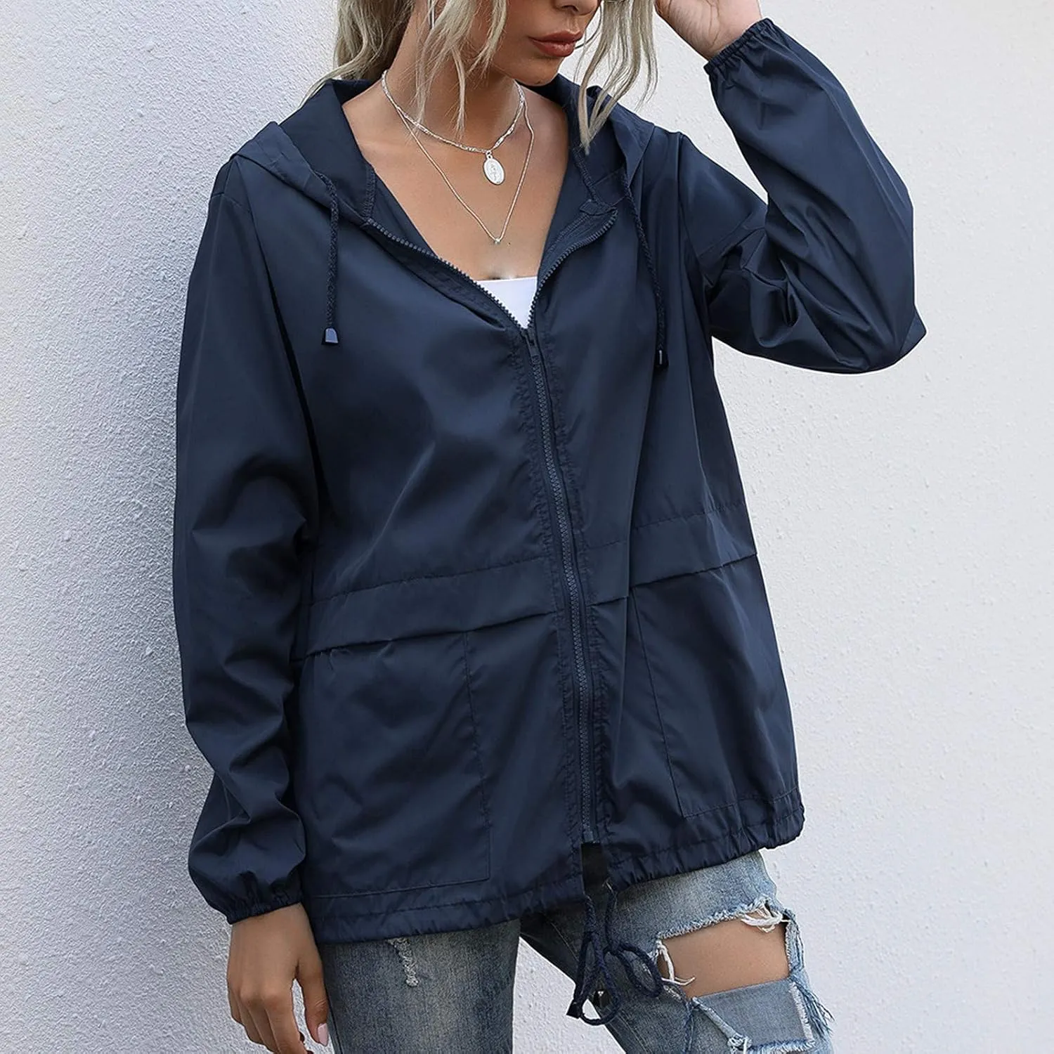 Women's Waterproof Raincoat Lightweight Rain Jacket Hooded Adjustable Windbreaker Rain Coats with Pocket for Outdoor