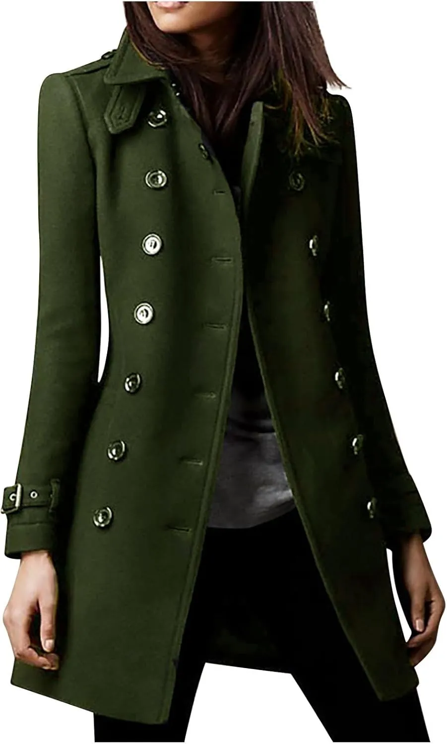 Womens Winter Coats Vintage Double Breasted Midi Peacoat Slim Fit Lapel Trench Coats Wool Blend Outerwear