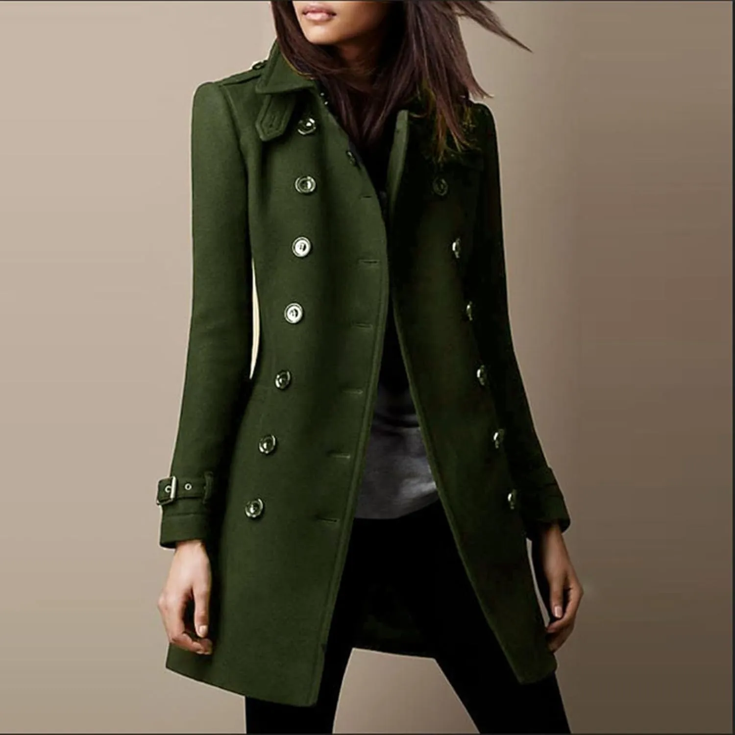 Womens Winter Coats Vintage Double Breasted Midi Peacoat Slim Fit Lapel Trench Coats Wool Blend Outerwear