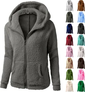 Womens Winter Coats with Hood Casual Long Sleeve Fuzzy Sherpa Jacket Trendy Warm Zip Up Hoodie Shaggy Faux Fur Coat