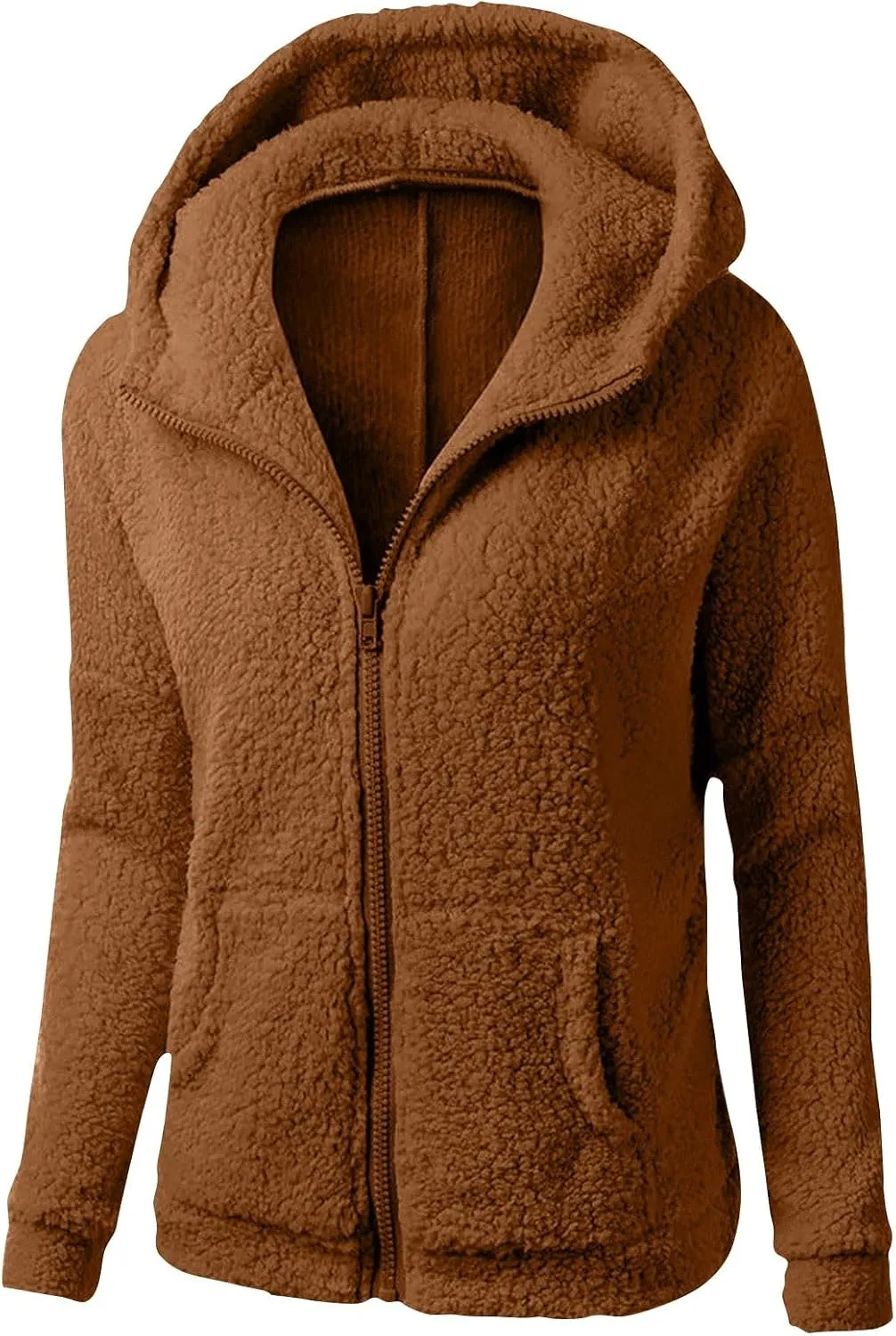 Womens Winter Coats with Hood Casual Long Sleeve Fuzzy Sherpa Jacket Trendy Warm Zip Up Hoodie Shaggy Faux Fur Coat