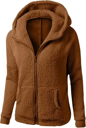 Womens Winter Coats with Hood Casual Long Sleeve Fuzzy Sherpa Jacket Trendy Warm Zip Up Hoodie Shaggy Faux Fur Coat