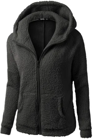 Womens Winter Coats with Hood Casual Long Sleeve Fuzzy Sherpa Jacket Trendy Warm Zip Up Hoodie Shaggy Faux Fur Coat