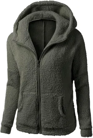 Womens Winter Coats with Hood Casual Long Sleeve Fuzzy Sherpa Jacket Trendy Warm Zip Up Hoodie Shaggy Faux Fur Coat