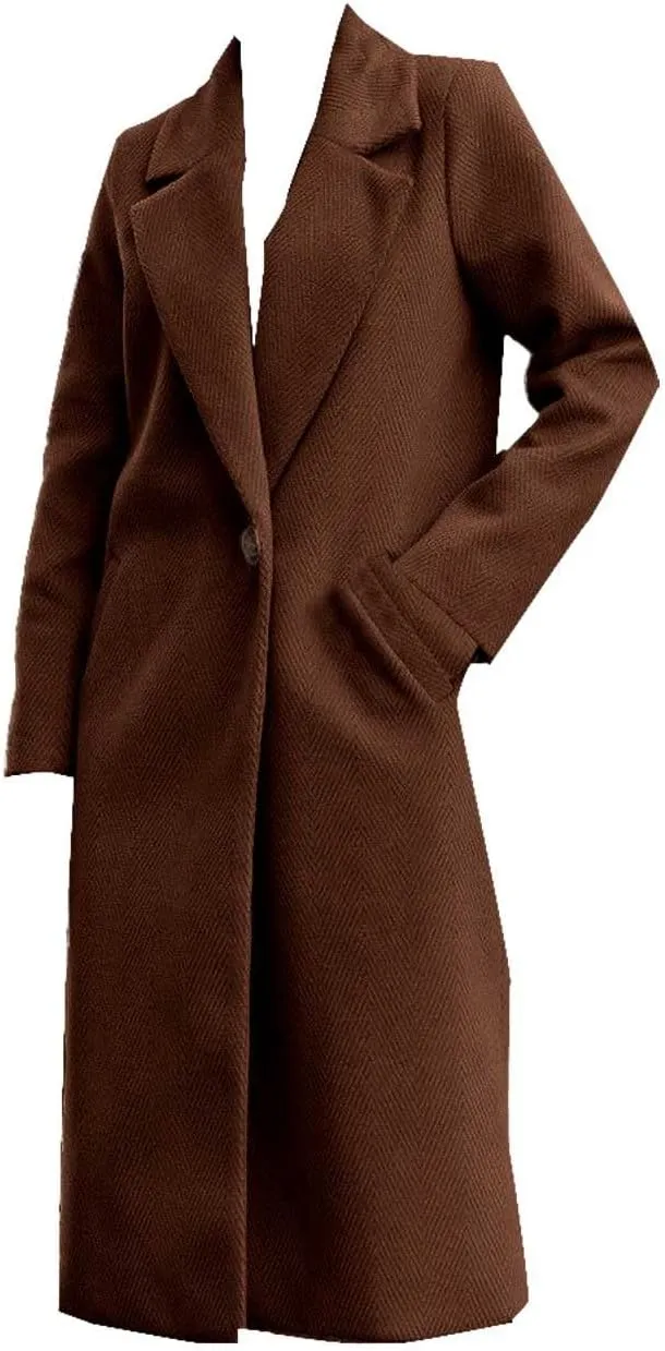Womens Winter Long Pea Coat Retro Lapel Collar Single Breasted Maxi Long Peacoat Jacket Elegant Office Work Overcoat