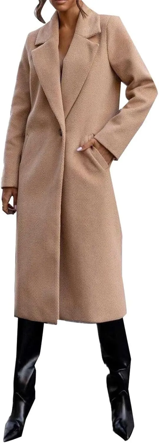 Womens Winter Long Pea Coat Retro Lapel Collar Single Breasted Maxi Long Peacoat Jacket Elegant Office Work Overcoat