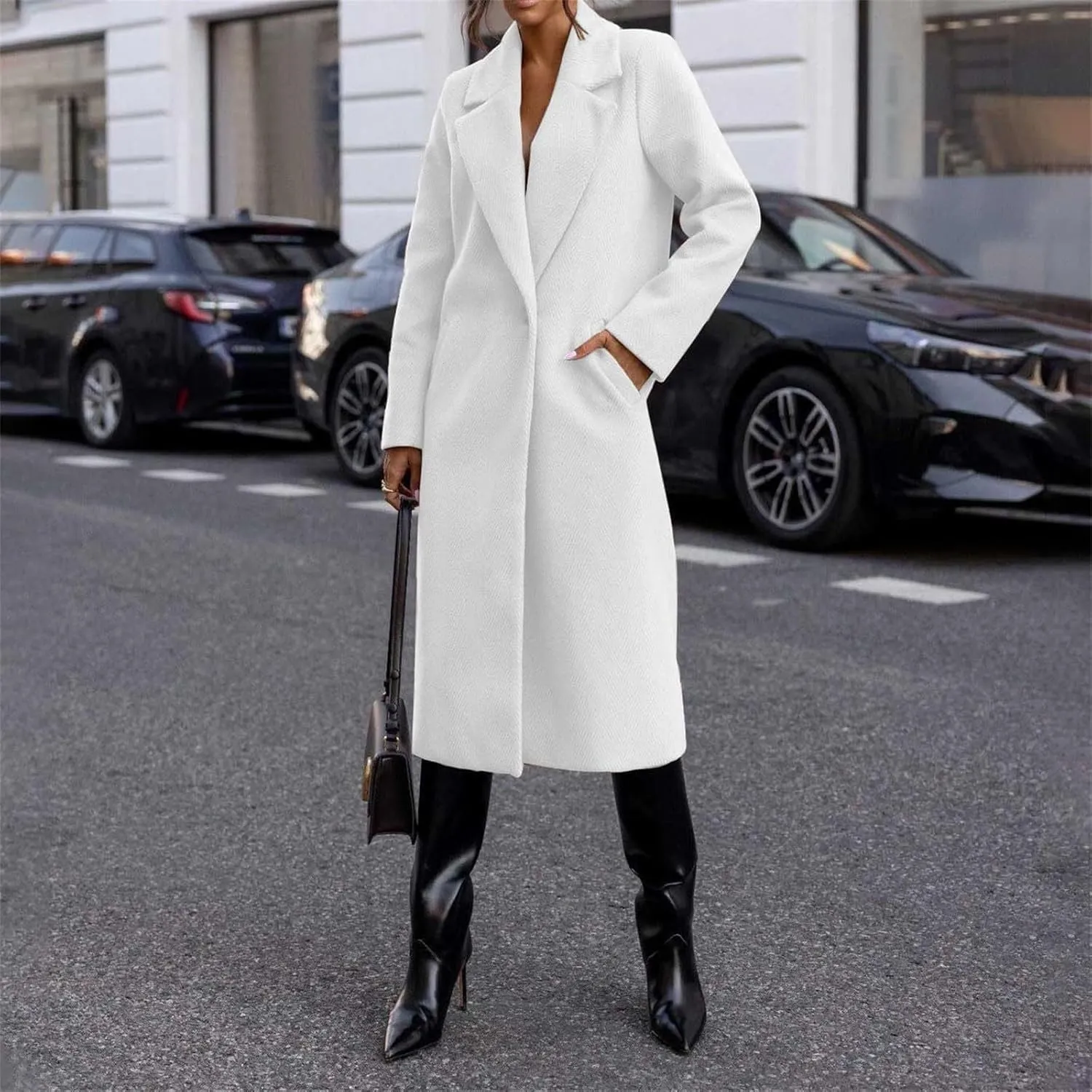 Womens Winter Long Pea Coat Retro Lapel Collar Single Breasted Maxi Long Peacoat Jacket Elegant Office Work Overcoat